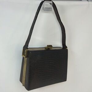 Harry Revits Lizard Reptile Dark Brown and Brass Structured Leather Box Handbag